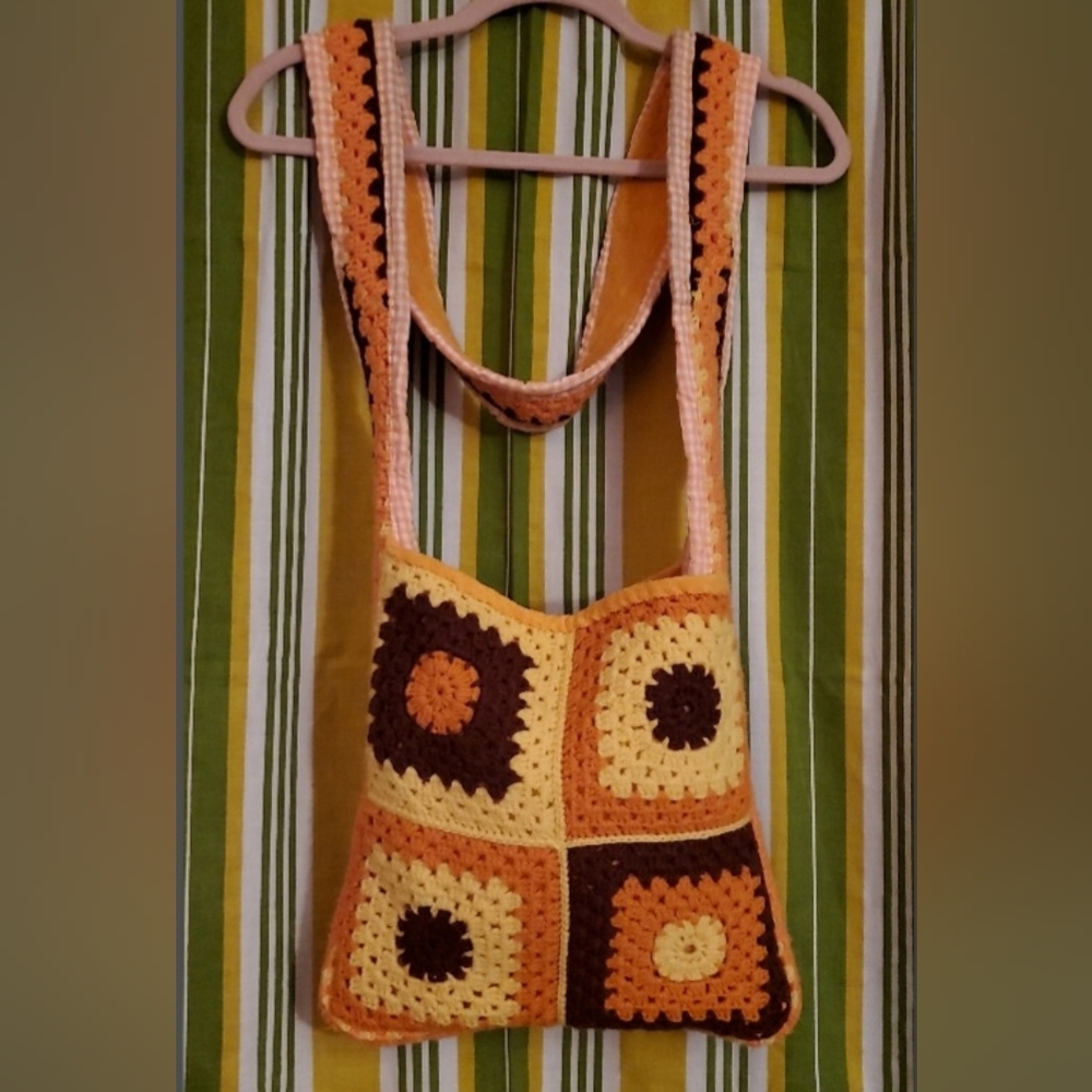 Handcrafted Crochet Patchwork Bag - Orange And Br… - image 3